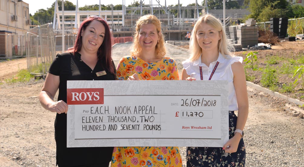 Photo left to right: Katie Gell (Assistant Manager, Highway Garden & Leisure), Joanne Symonds (Marketing Co-ordinator, Roys of Wroxham), Sophie Mayes (Corporate Fundraiser, EACH)