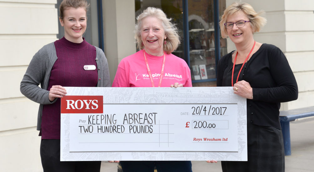Jo Jackson (Team leader) and Toika Razzell (Deputy Manager) from our Wroxham Department Store donating a cheque to Carol Hale (Treasurer) from Keeping Abreast Norwich