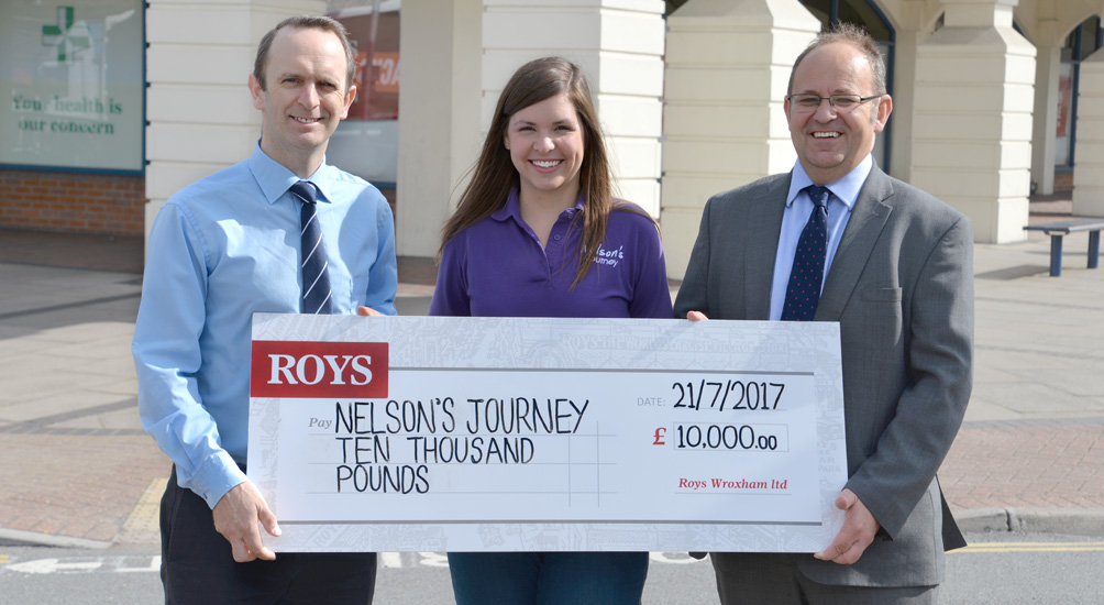 Photo from left to right: Paul Roy (Buying and marketing director Roys), Sarah Hyde (Community funding and marketing officer at Nelson’s Journey) and Phill Kerridge (Chair of trustees at Nelson’s Journey)