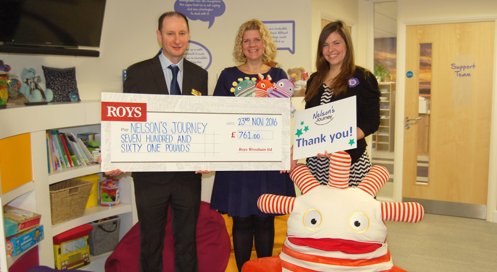 Photo left to right: Andrew Banthorpe (Roys of Wroxham store manager), Joanne Symonds (Roys Marketing Coordinator), Sarah Hyde (Community Funding and Marketing Officer)