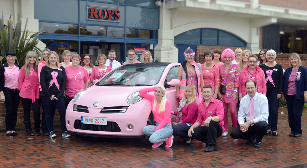 Roys of Wroxham staff dressed in pink for Wear it Pink day 2017