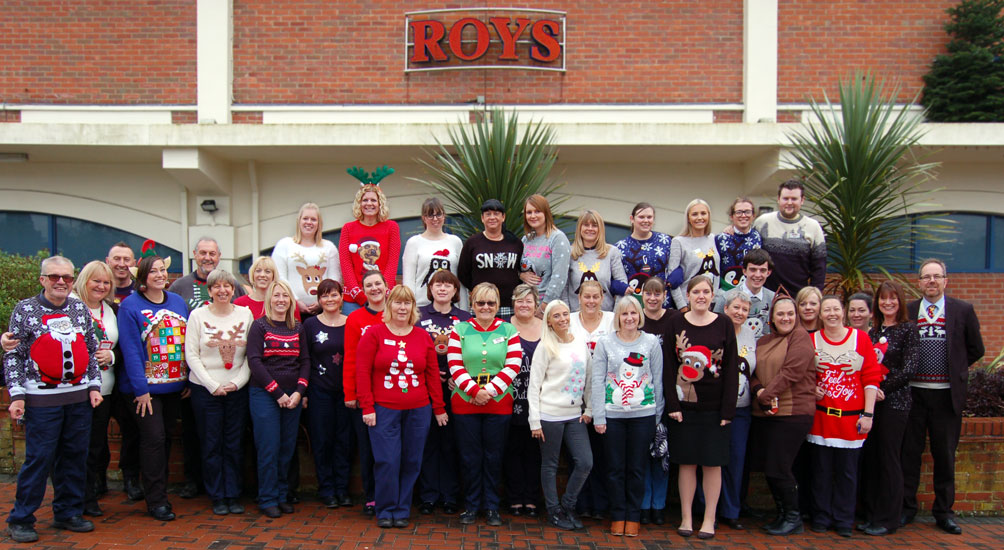 Photo: Roys of Wroxham stores and office staff in their Christmas Jumpers